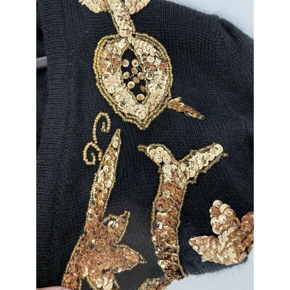 VINTAGE MADELEINE Black Angora Blend Cardigan Sweater Gold Sequins Womens MEDIUM - Picture 11 of 11